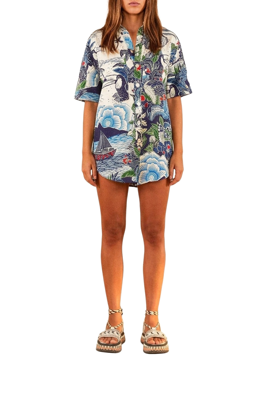 Combi-short graphique Rio en lin - Bleu