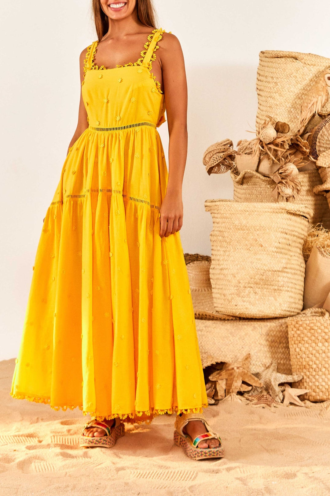 Cotton floral maxi dress - Yellow