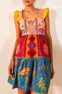 Robe courte Color Block Brodée en coton - Multicolore
