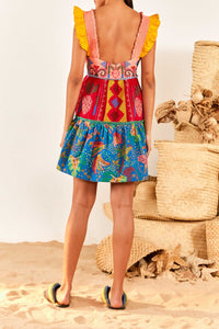 Robe courte Color Block Brodée en coton - Multicolore