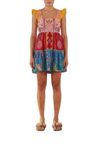 Robe courte Color Block Brodée en coton - Multicolore