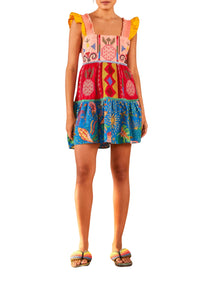 Robe courte Color Block Brodée en coton - Multicolore
