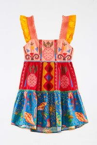 Robe courte Color Block Brodée en coton - Multicolore