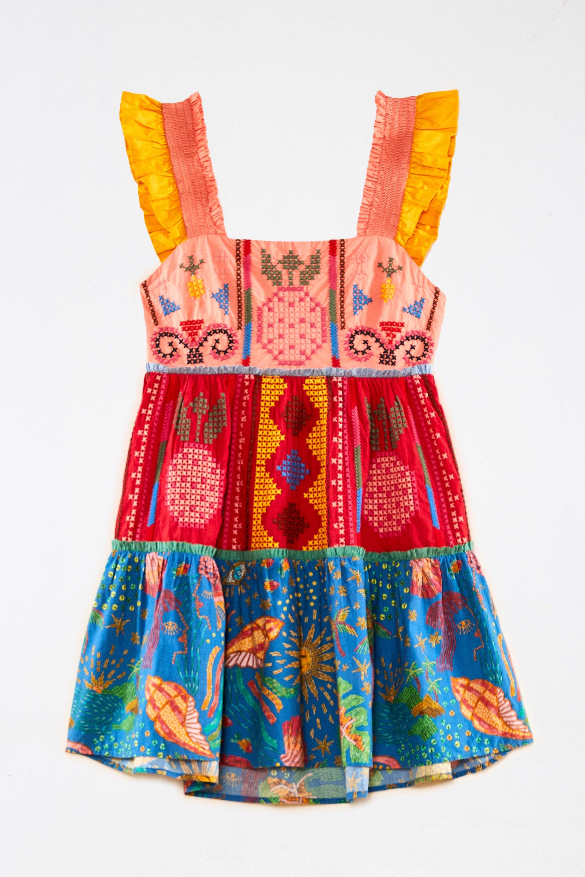 Robe courte Color Block Brodée en coton - Multicolore