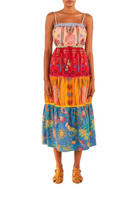 Robe midi brodée Color Block en coton - Multicolore