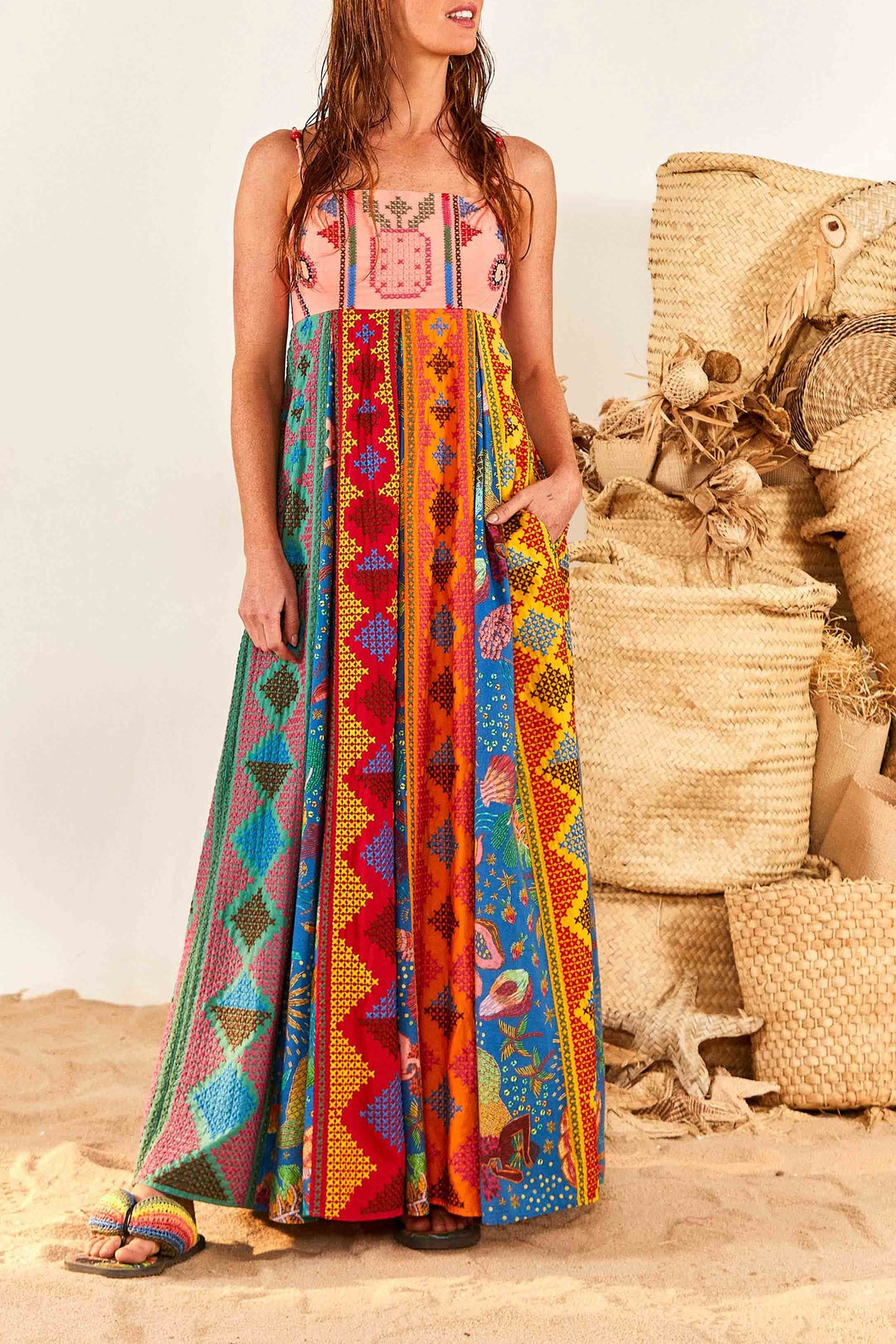 Color Block embroidered cotton maxi dress - Multicolour
