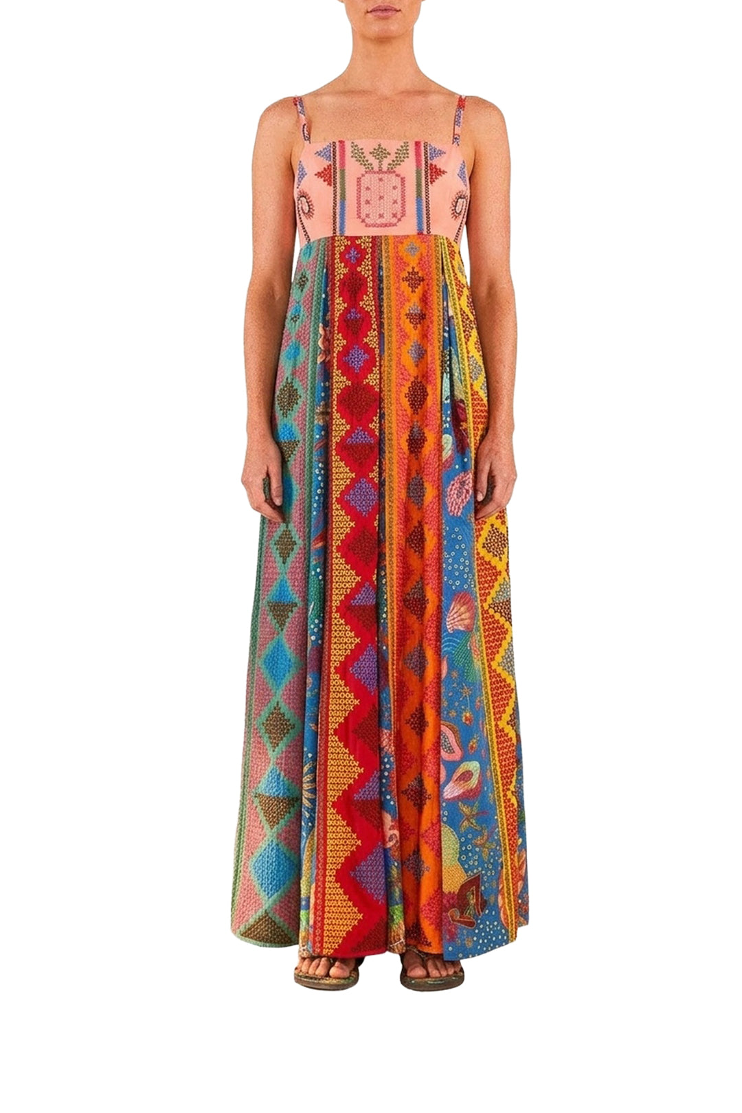 Color Block embroidered cotton maxi dress - Multicolour