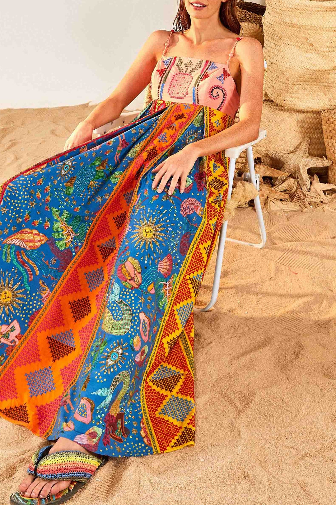 Color Block embroidered cotton maxi dress - Multicolour