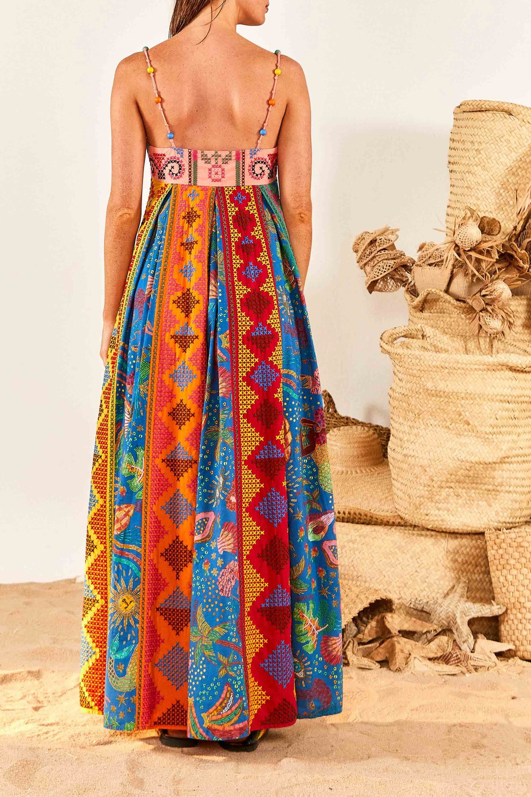 Color Block embroidered cotton maxi dress - Multicolour