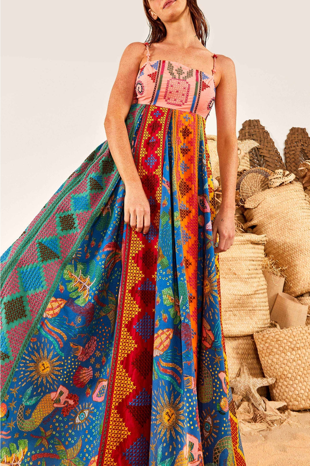Color Block embroidered cotton maxi dress - Multicolour