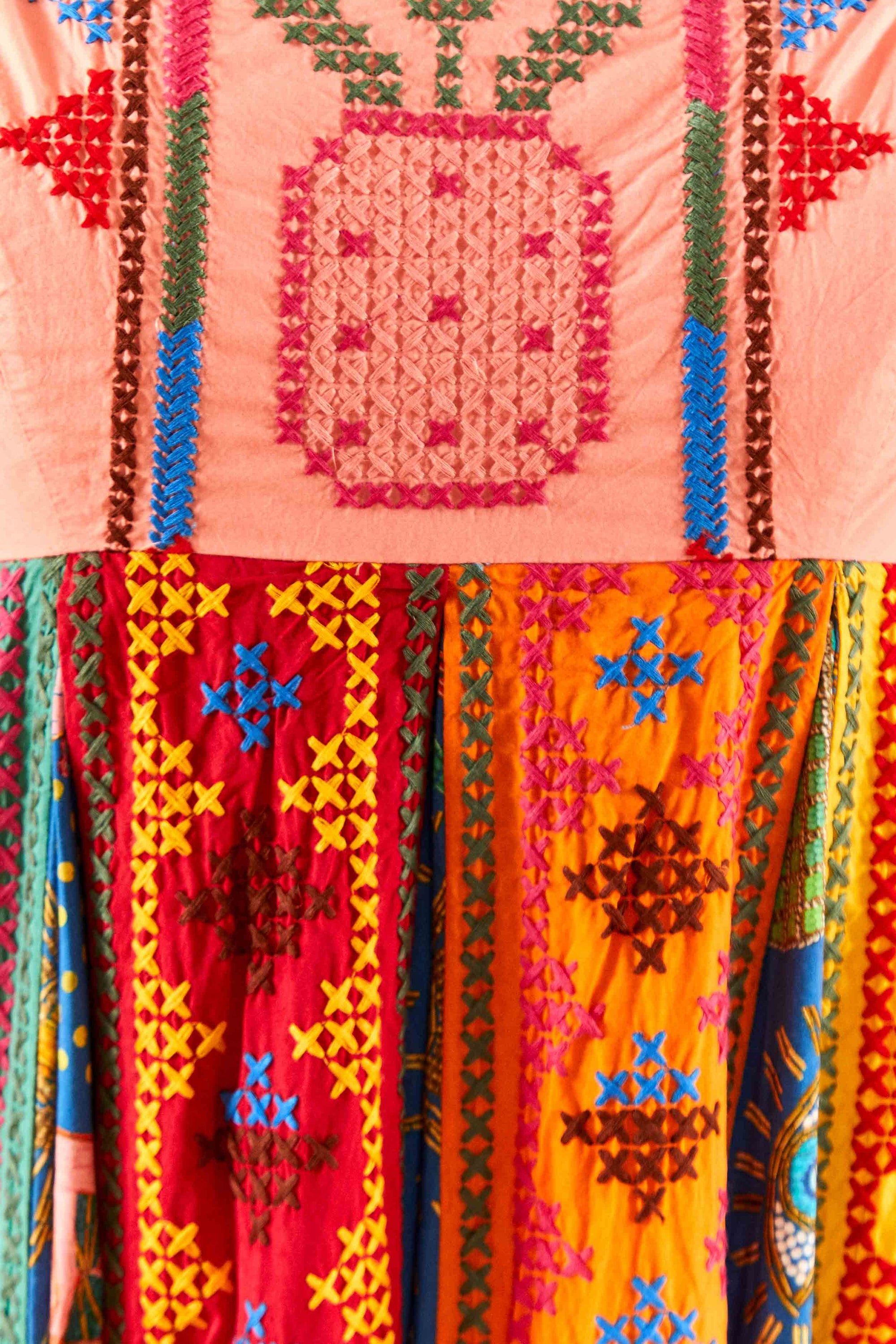 Color Block embroidered cotton maxi dress - Multicolour