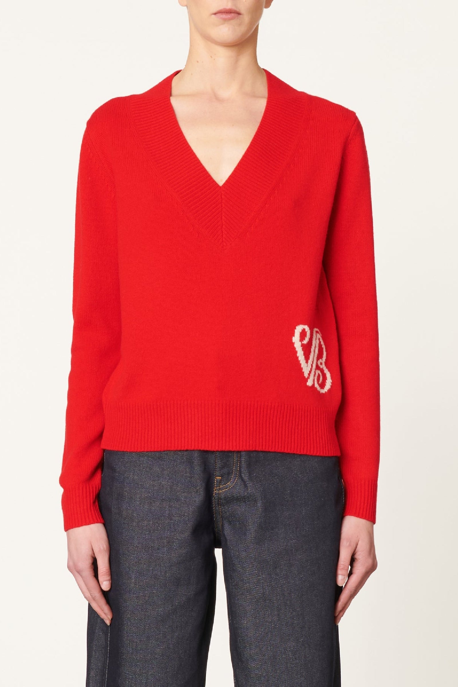 Pull col V en laine - Coquelicot