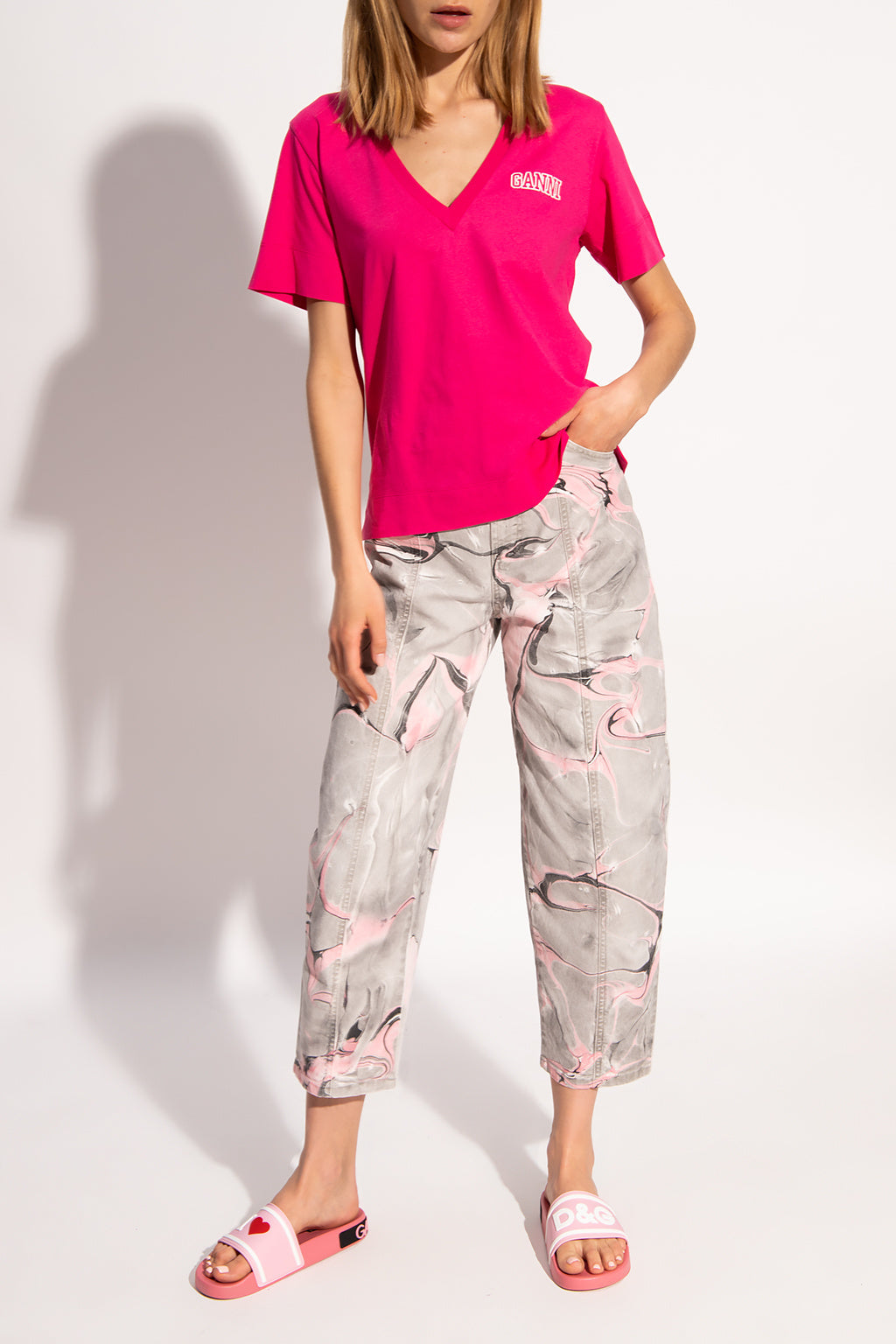 T-shirt manches courtes à col en V - Shocking Pink