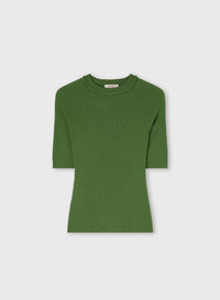 GREEN LIGHT CASHMERE RIBBED KNIT T-SHIRT WITH CROCHET DETAIL