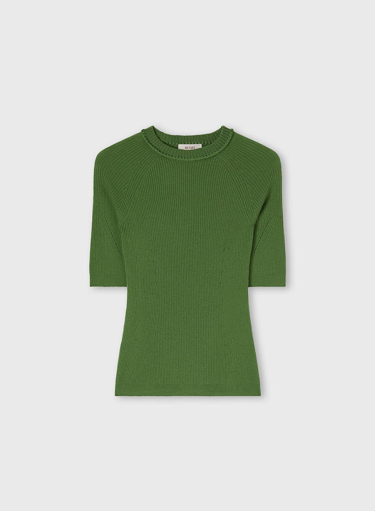 GREEN LIGHT CASHMERE RIBBED KNIT T-SHIRT WITH CROCHET DETAIL
