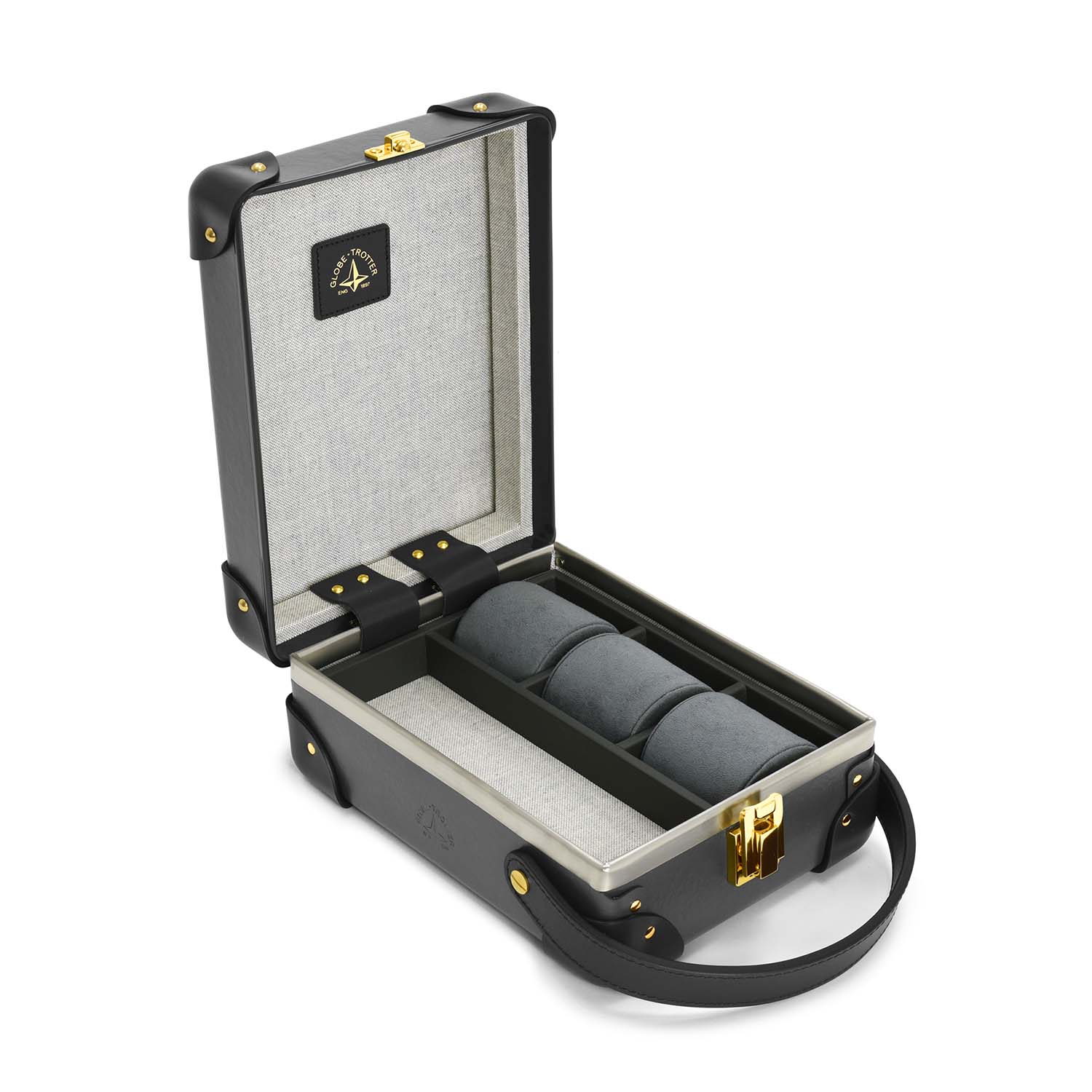 Coffret à montres Centenary 3 compartiments - Charbon de bois & Noir & Or