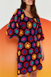 Pull long à fleurs en crochet - Multicolore