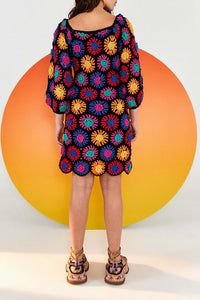 Pull long à fleurs en crochet - Multicolore