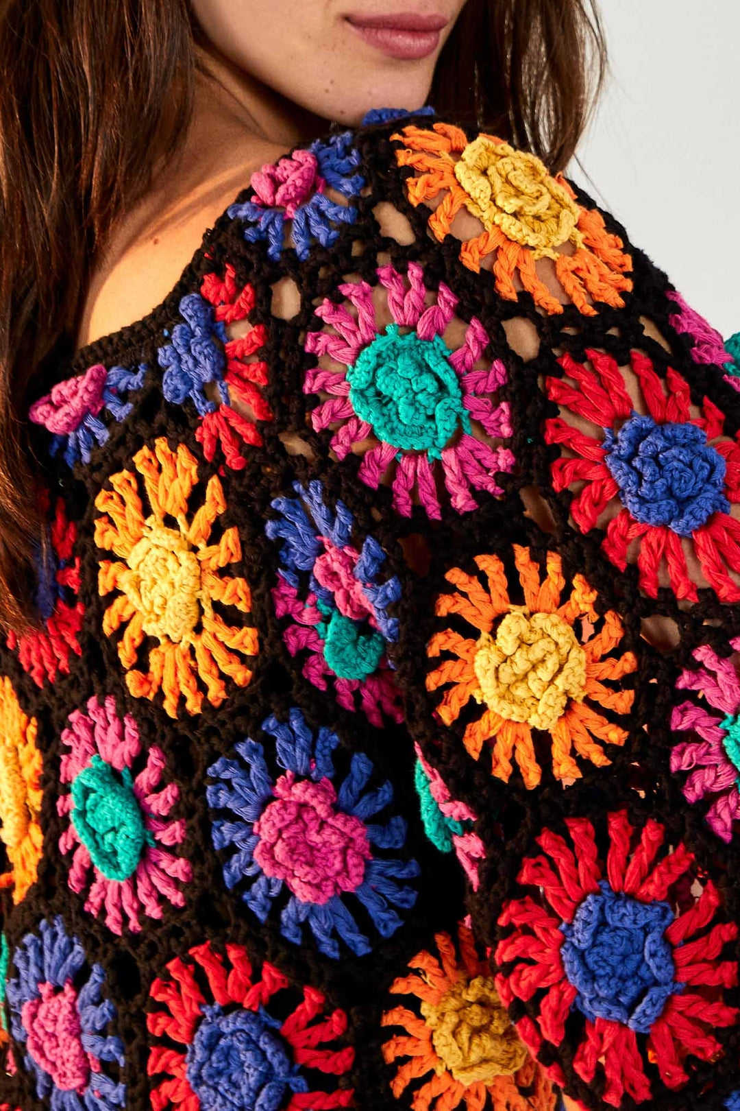 Pull long à fleurs en crochet - Multicolore