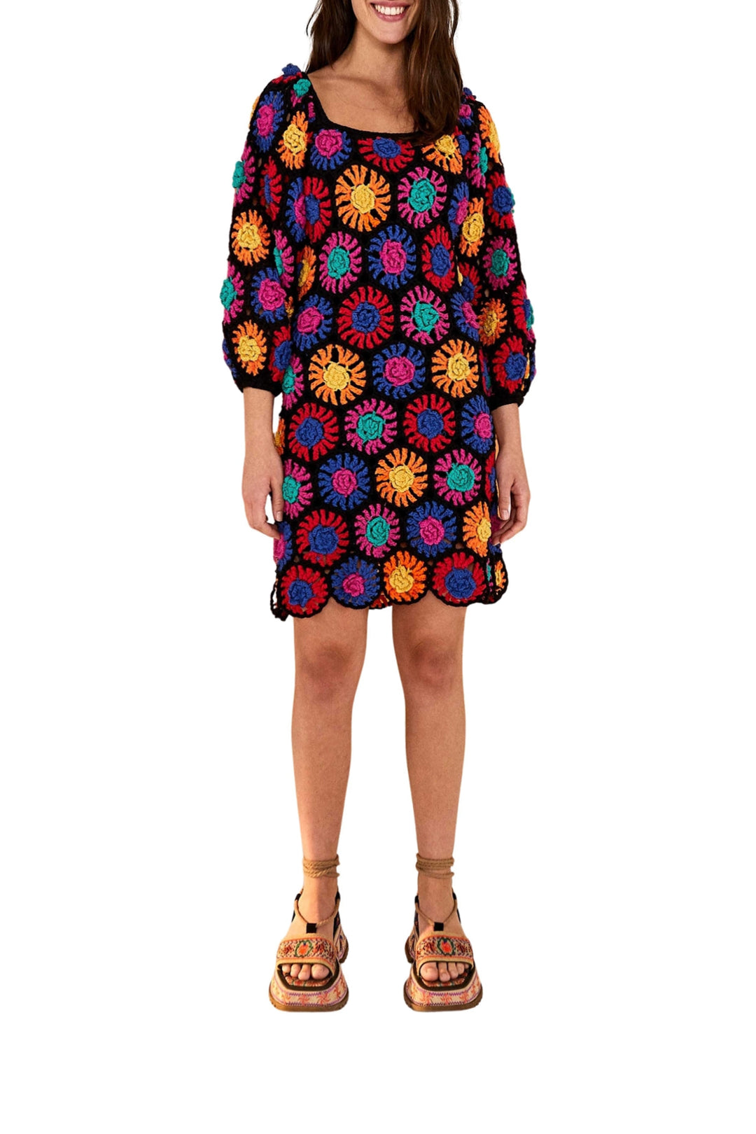 Pull long à fleurs en crochet - Multicolore