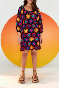 Pull long à fleurs en crochet - Multicolore