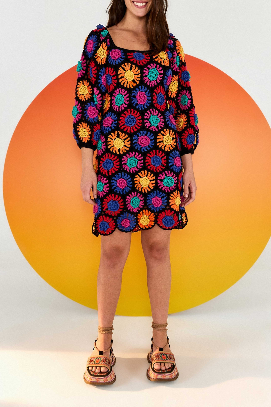 Pull long à fleurs en crochet - Multicolore