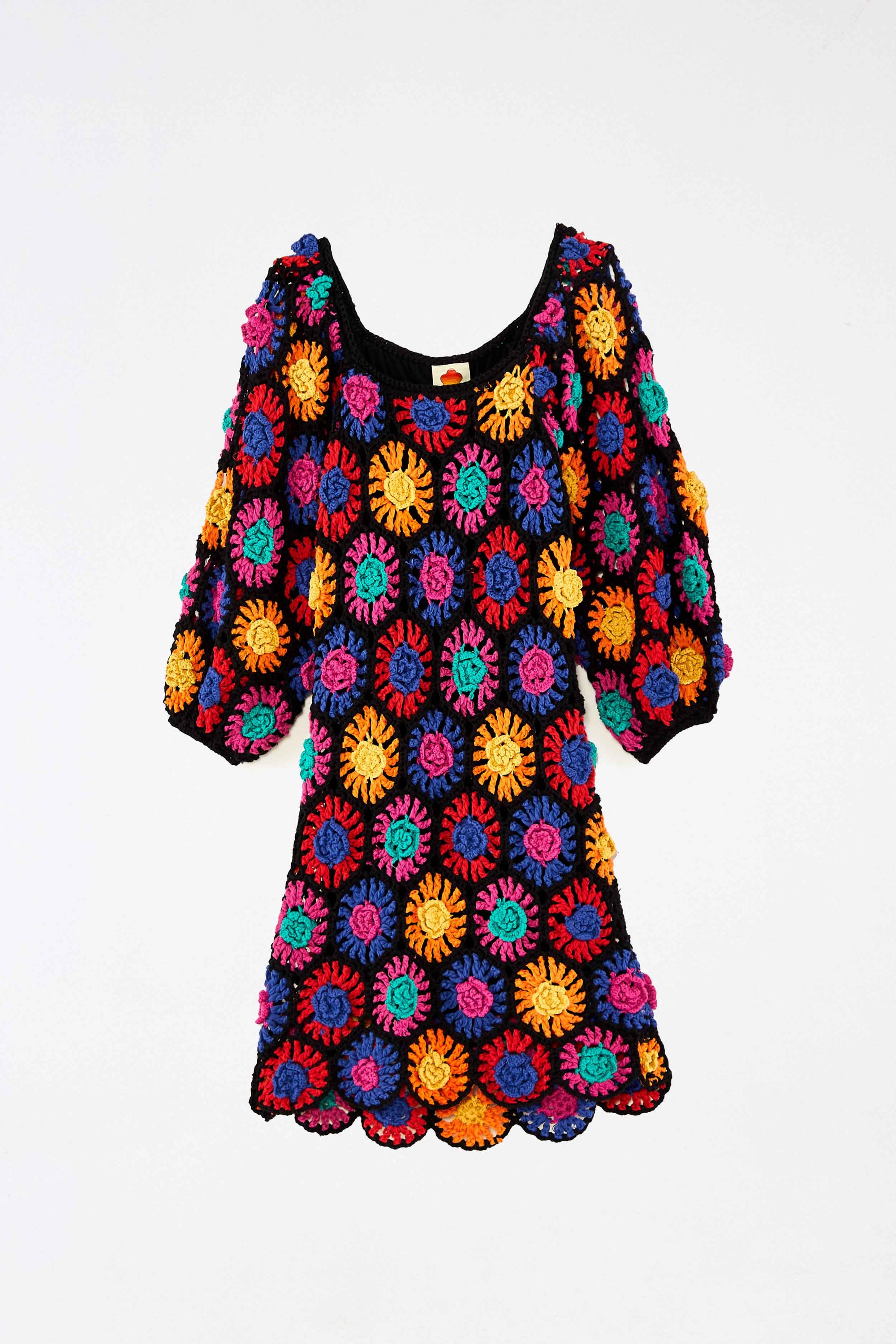 Pull long à fleurs en crochet - Multicolore