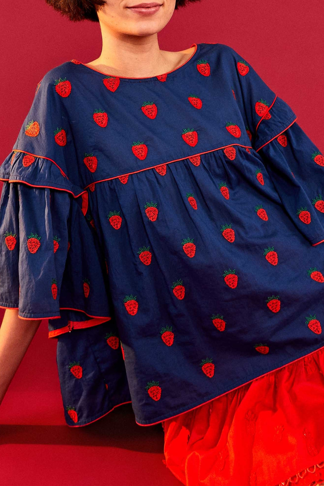 Strawberry Cross oversized cotton blouse - Blue