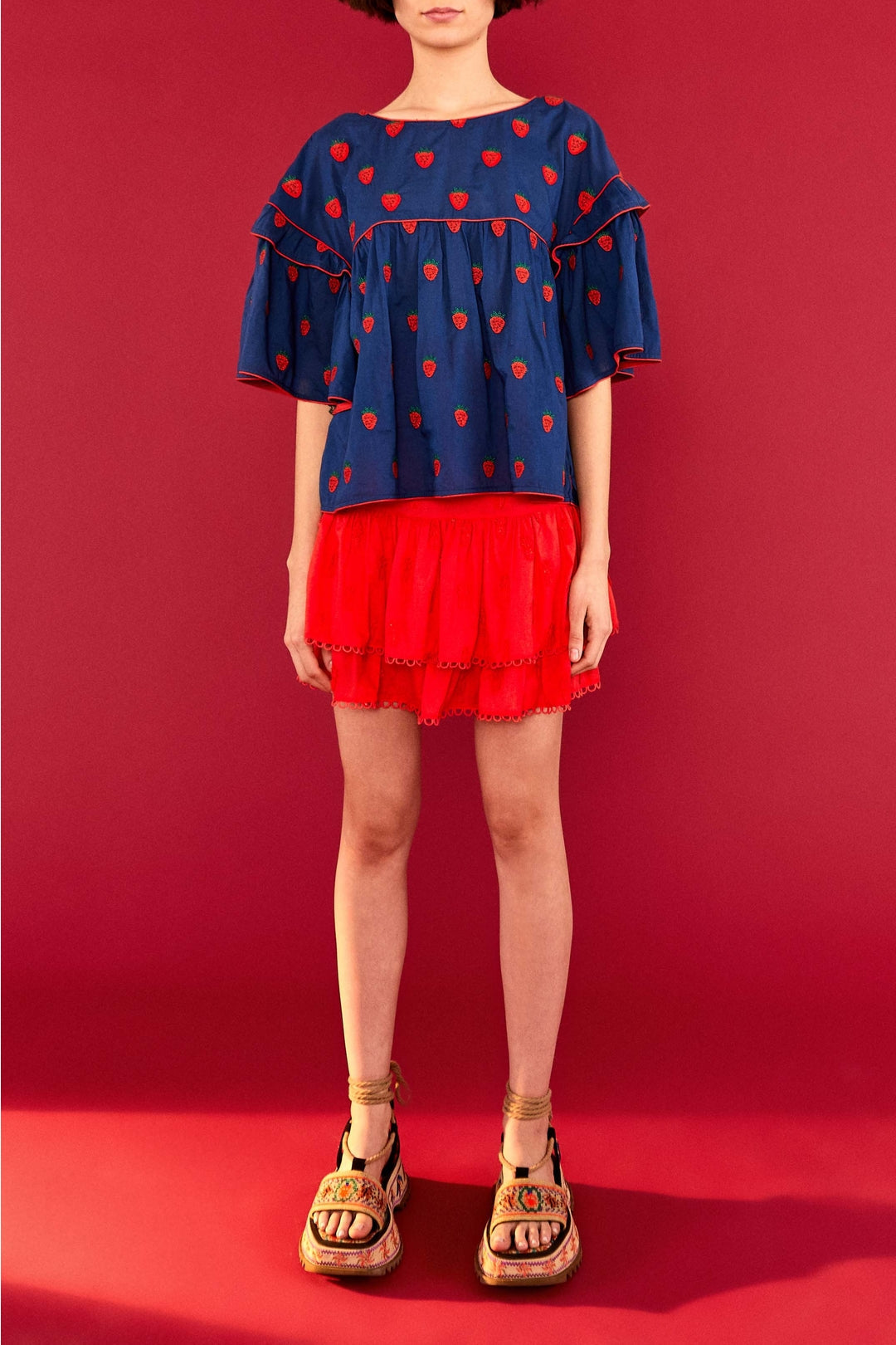 Strawberry Cross oversized cotton blouse - Blue