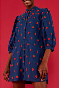 Robe courte à motif de fraises au point de croix en lin - Bleu