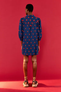 Robe courte à motif de fraises au point de croix en lin - Bleu