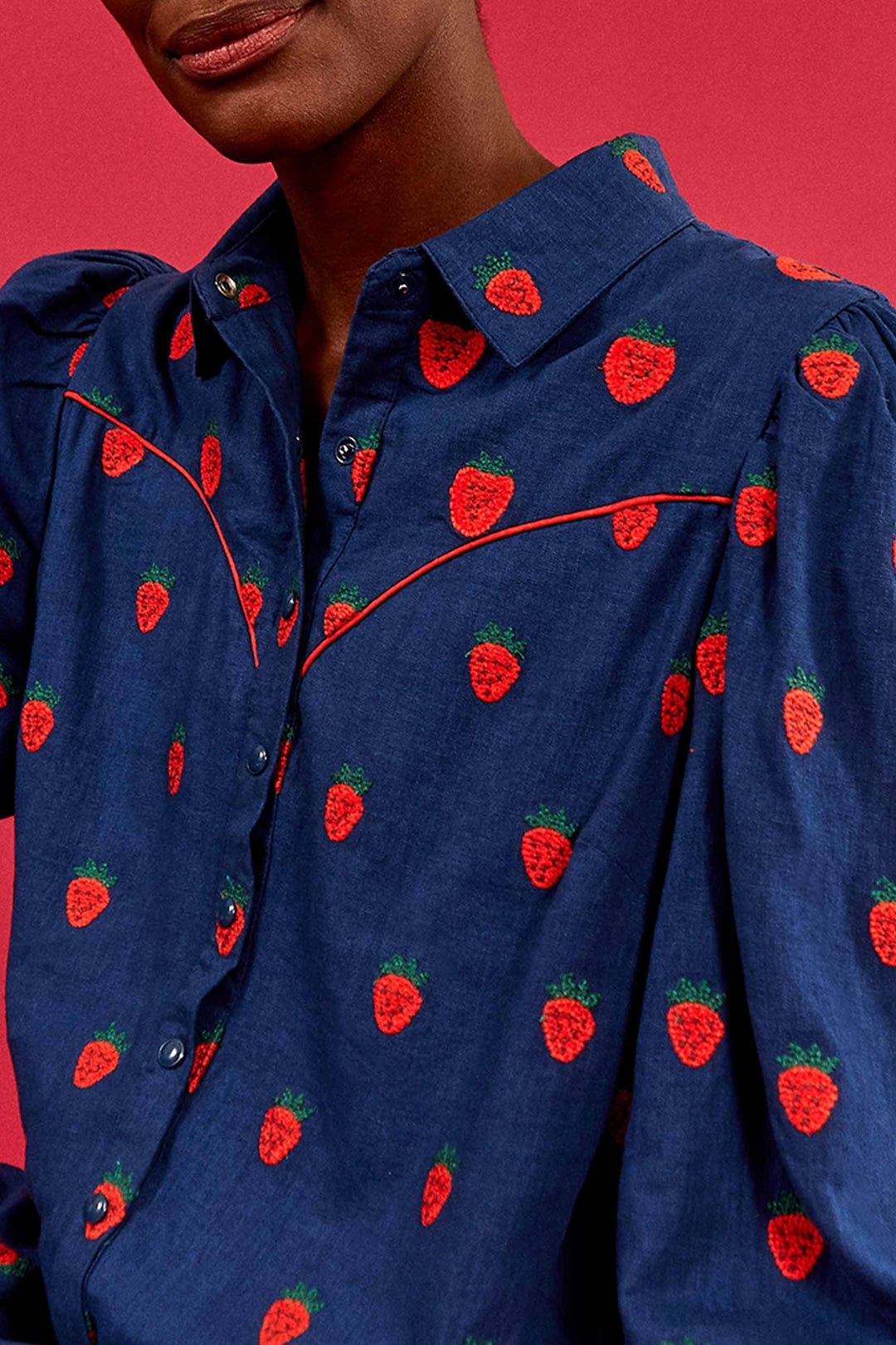 Robe courte à motif de fraises au point de croix en lin - Bleu