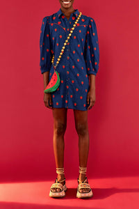 Robe courte à motif de fraises au point de croix en lin - Bleu