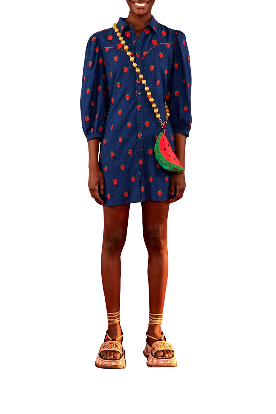 Robe courte à motif de fraises au point de croix en lin - Bleu
