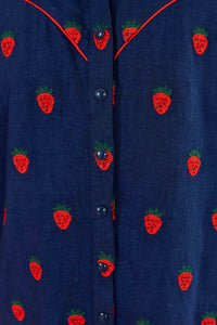 Robe courte à motif de fraises au point de croix en lin - Bleu