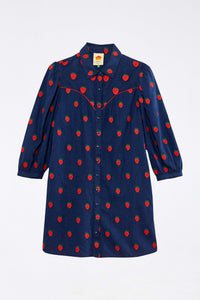 Robe courte à motif de fraises au point de croix en lin - Bleu
