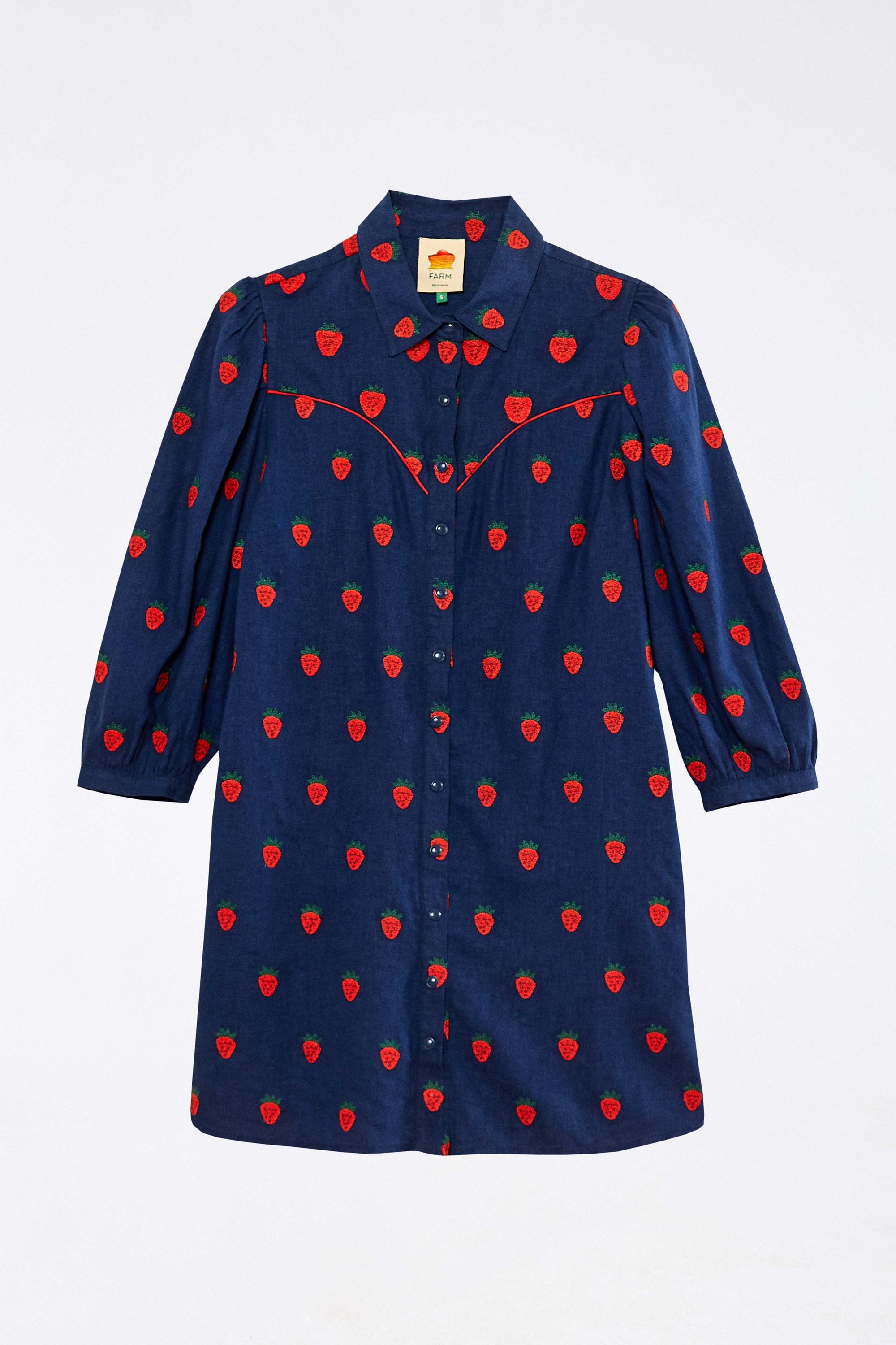Robe courte à motif de fraises au point de croix en lin - Bleu