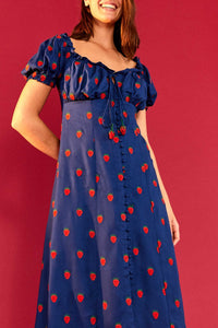 MEDIA OFF LINE_Robe midi à motif de fraises au point de croix - Bleu