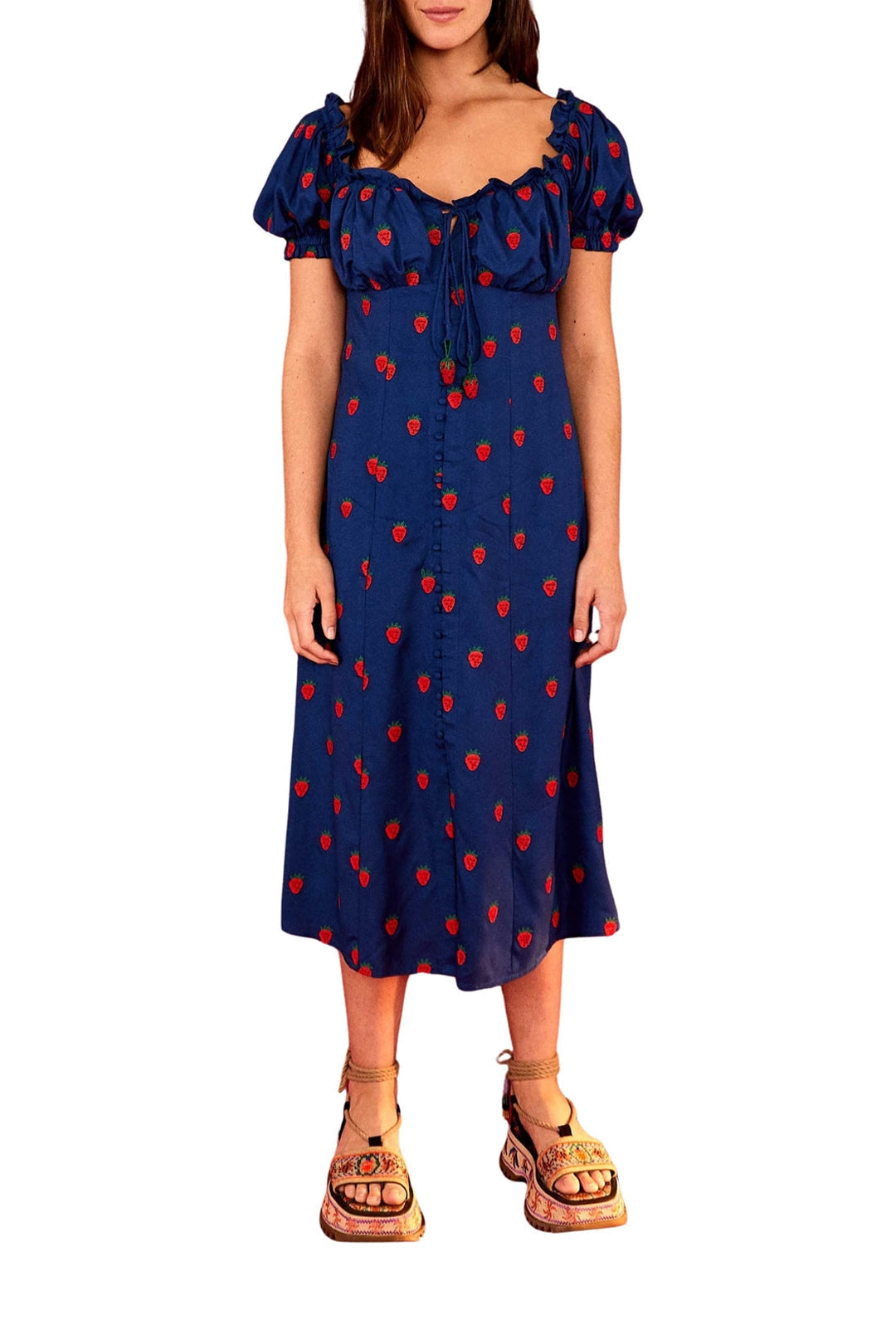 MEDIA OFF LINE_Robe midi à motif de fraises au point de croix - Bleu