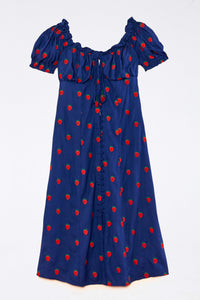 MEDIA OFF LINE_Robe midi à motif de fraises au point de croix - Bleu