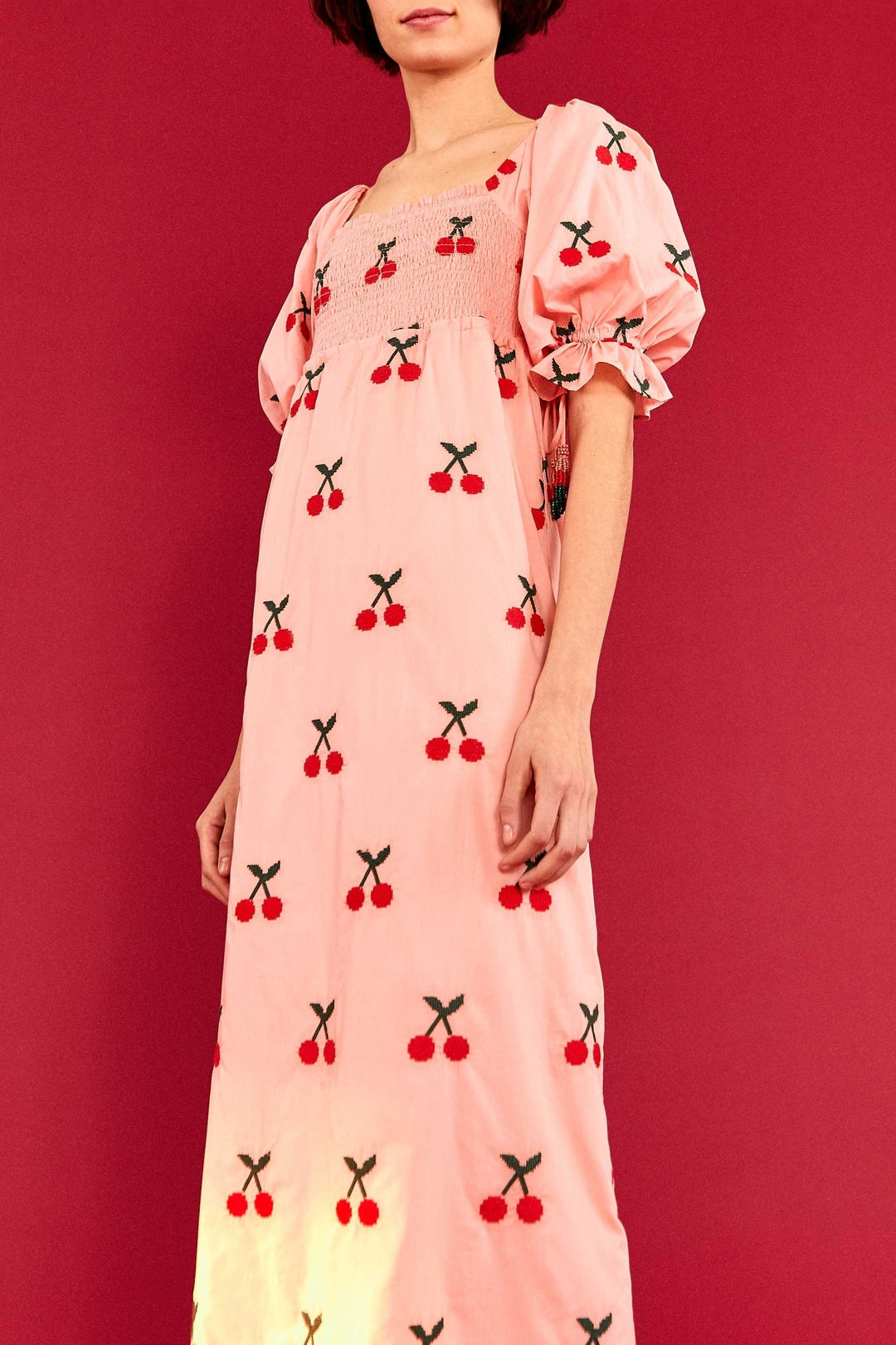 Cotton cherry print maxi dress - Pink