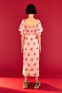 Robe midi à motif de cerises en coton - Rose
