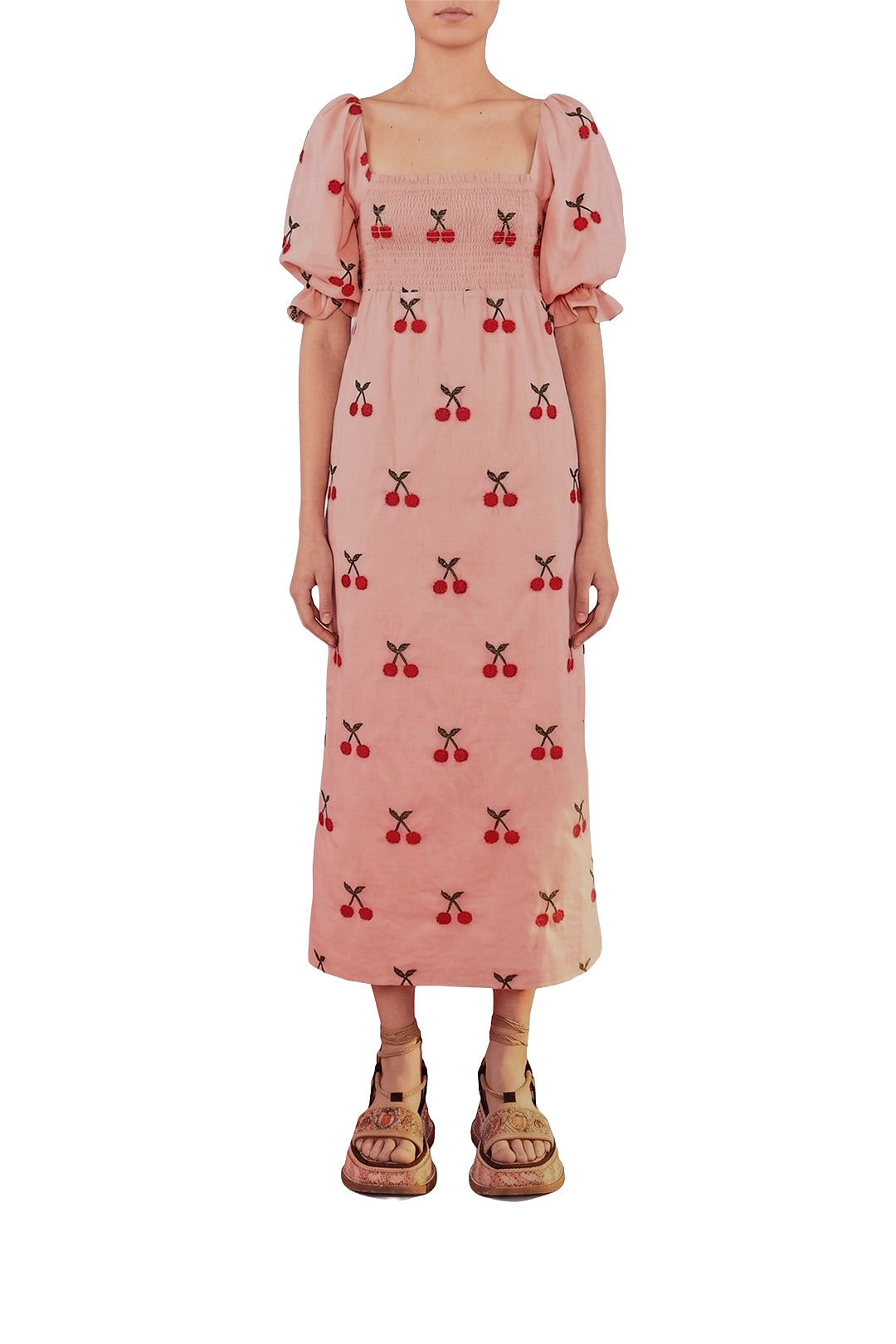Robe midi à motif de cerises en coton - Rose