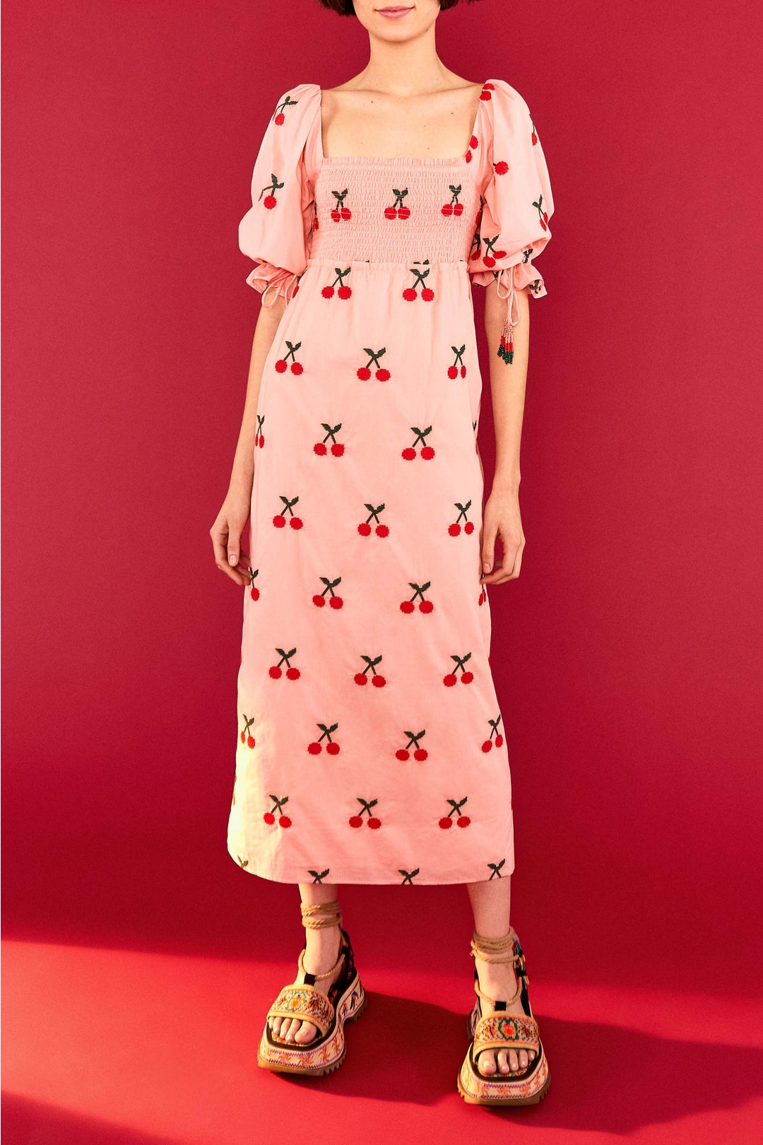 Cotton cherry print maxi dress - Pink