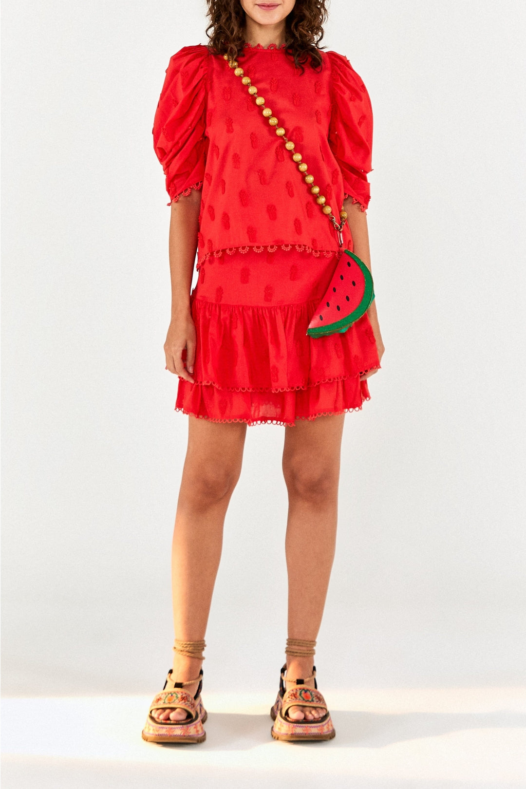 Jupe courte à motif d'ananas en coton - Rouge