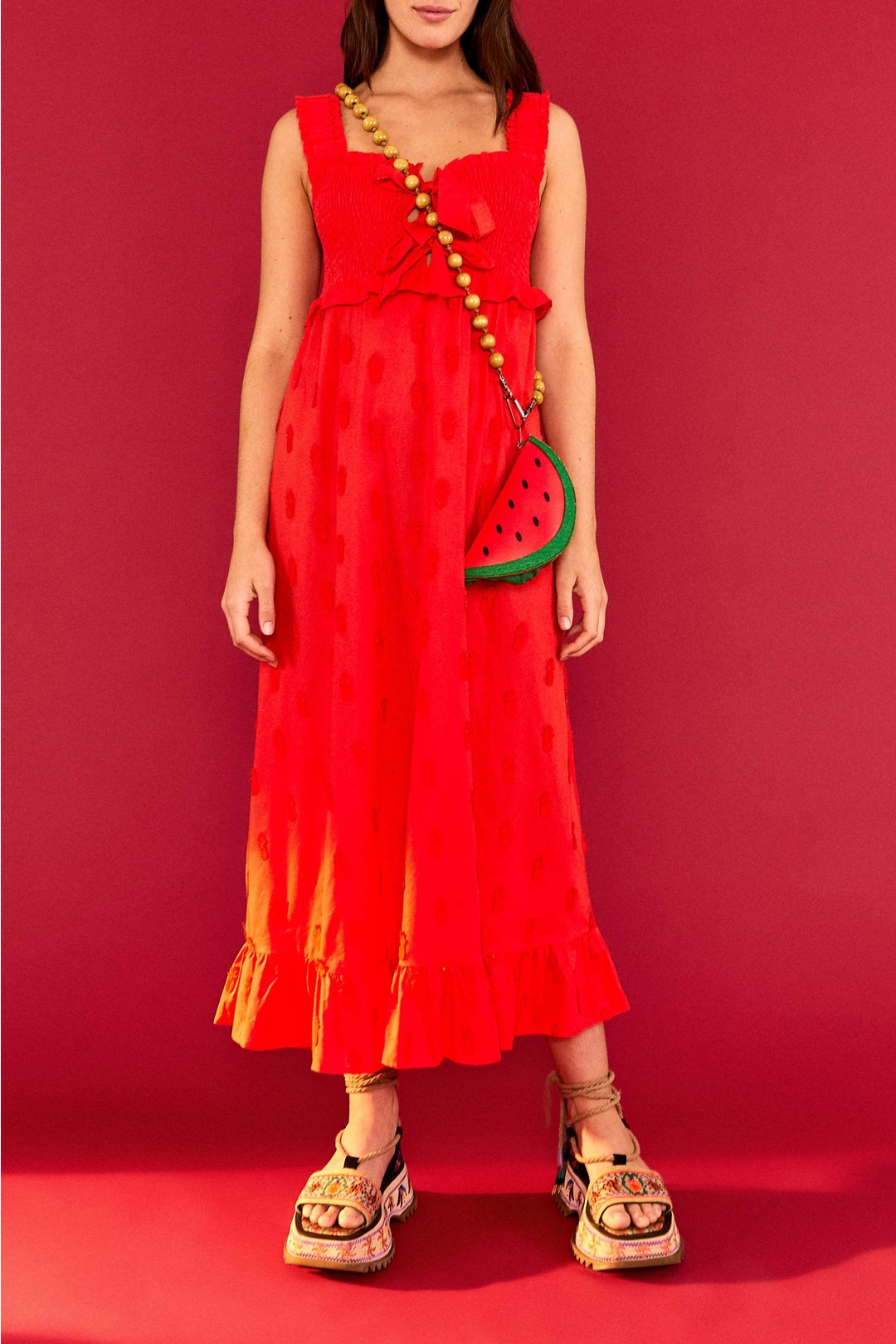 Robe longue à motif ananas en coton - Rouge