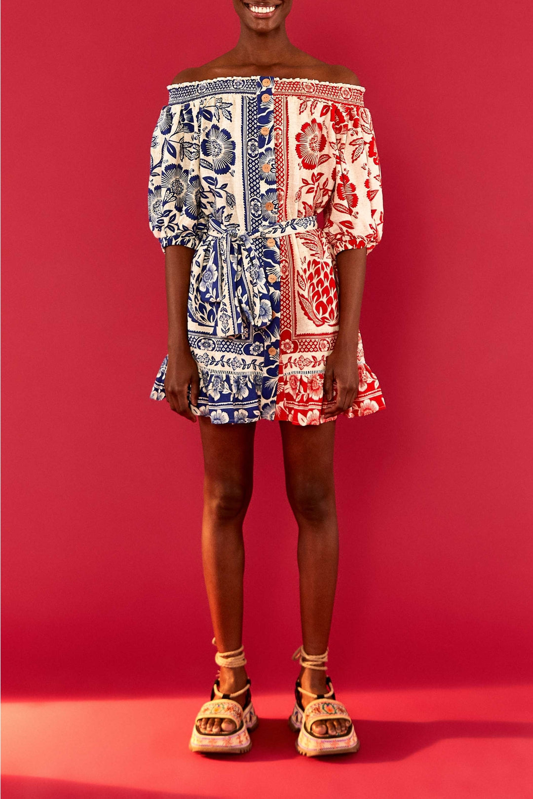 Robe courte Jardin d'ananas en lin - Rouge