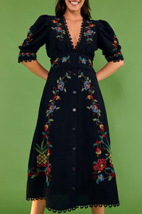 Robe midi au point de croix en lin - Noir