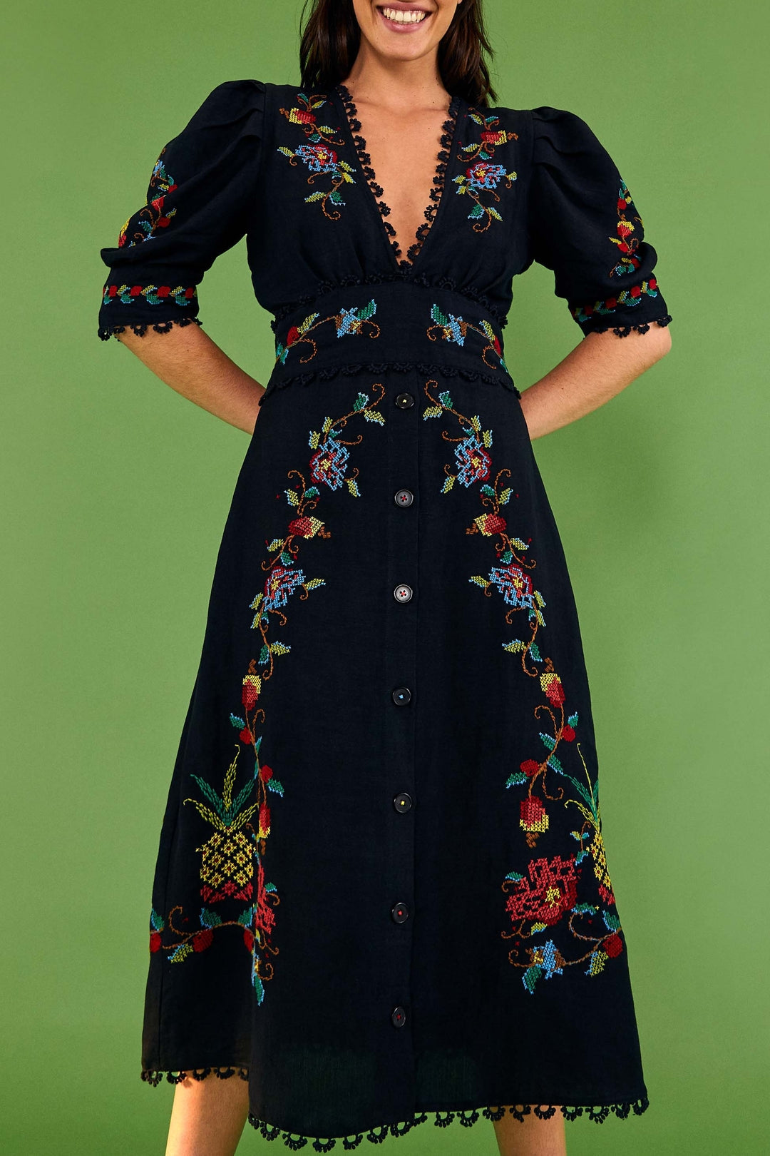 Robe midi au point de croix en lin - Noir