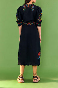 Robe midi au point de croix en lin - Noir